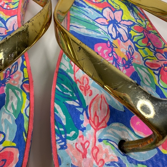 Lilly Pulitzer Flip Flops Women 9/10 Gold Straps w/Pink & Blue - Picture 8 of 14